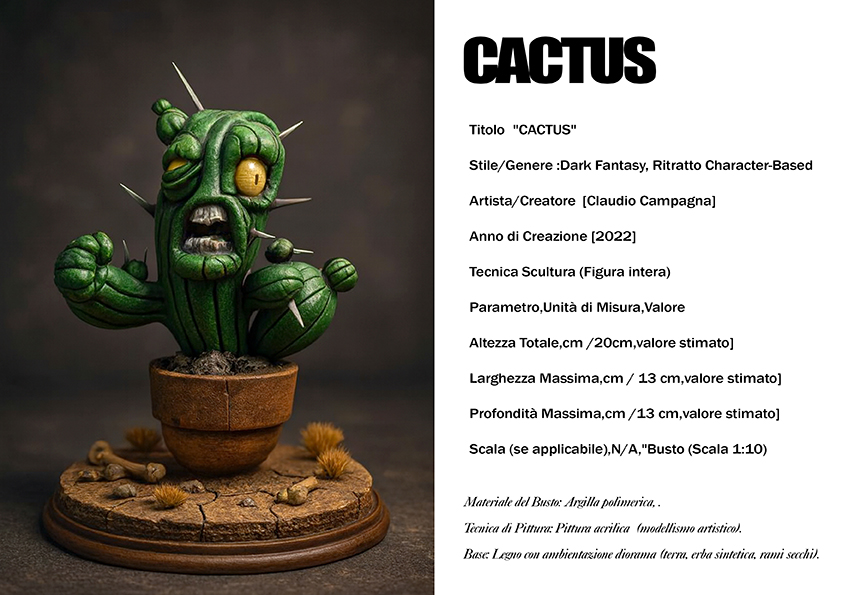 Cactus — scultura dark fantasy del 2022, argilla polimerica, scala 1:10, Clartdesign