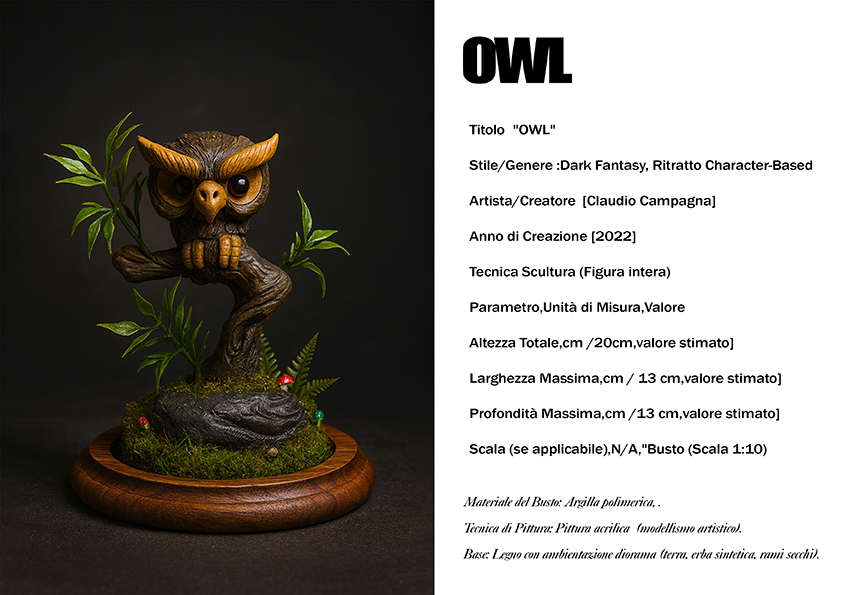 Owl — scultura dark fantasy del 2022, argilla polimerica, scala 1:10, Clartdesign