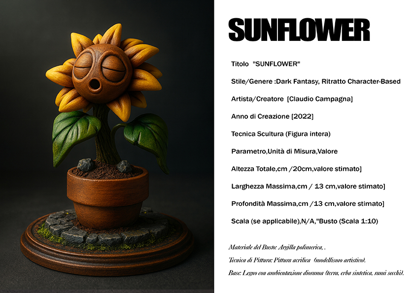 Sunflower — scultura dark fantasy del 2022, argilla polimerica, scala 1:10, Clartdesign