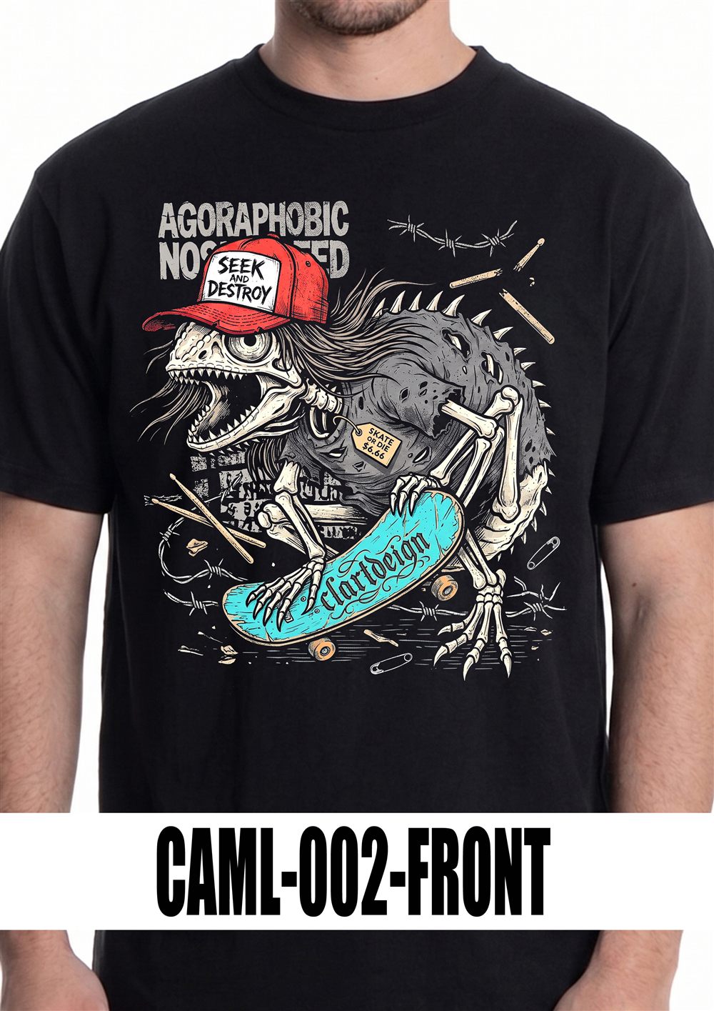 T-shirt nera con grafica CAML-002, vista fronte