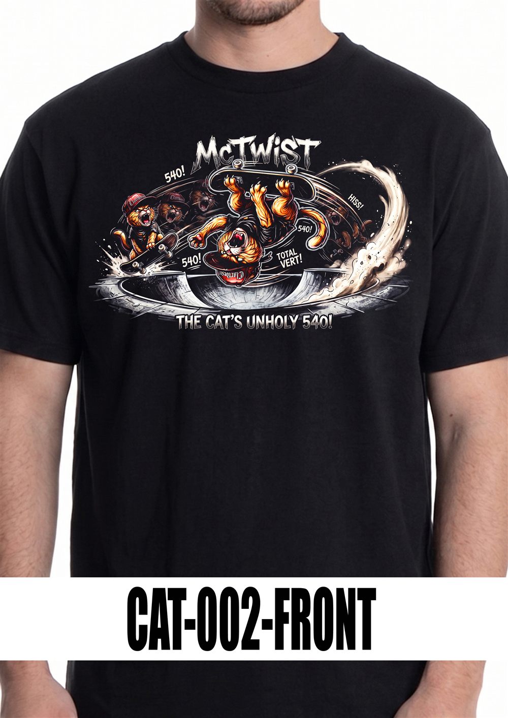 T-shirt nera con grafica CAT-002, vista fronte