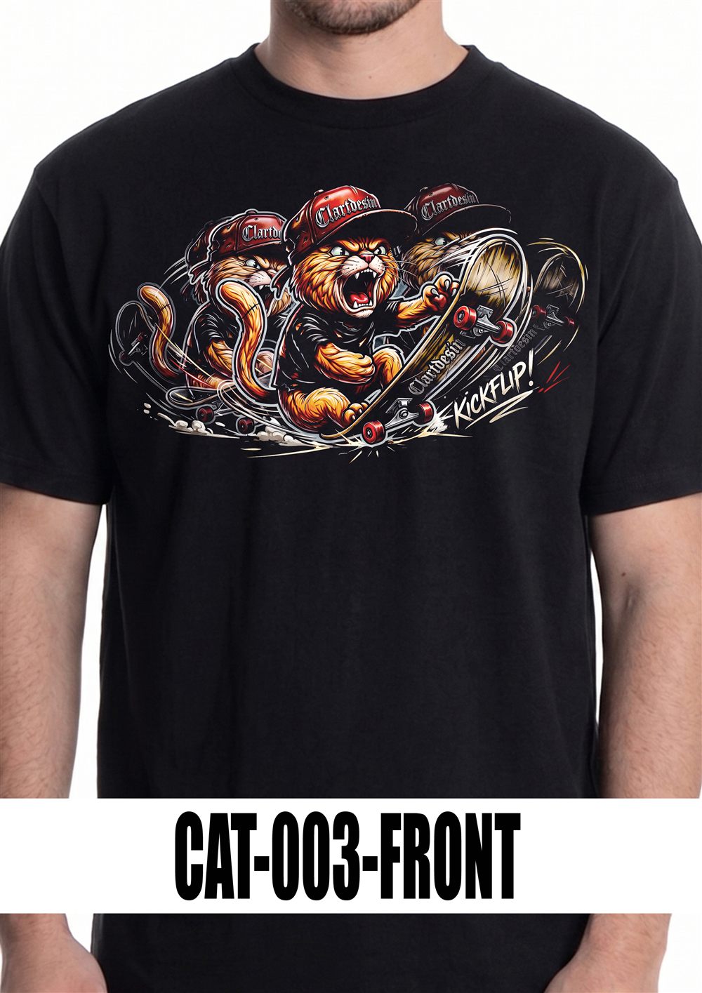 T-shirt nera con grafica CAT-003, vista fronte