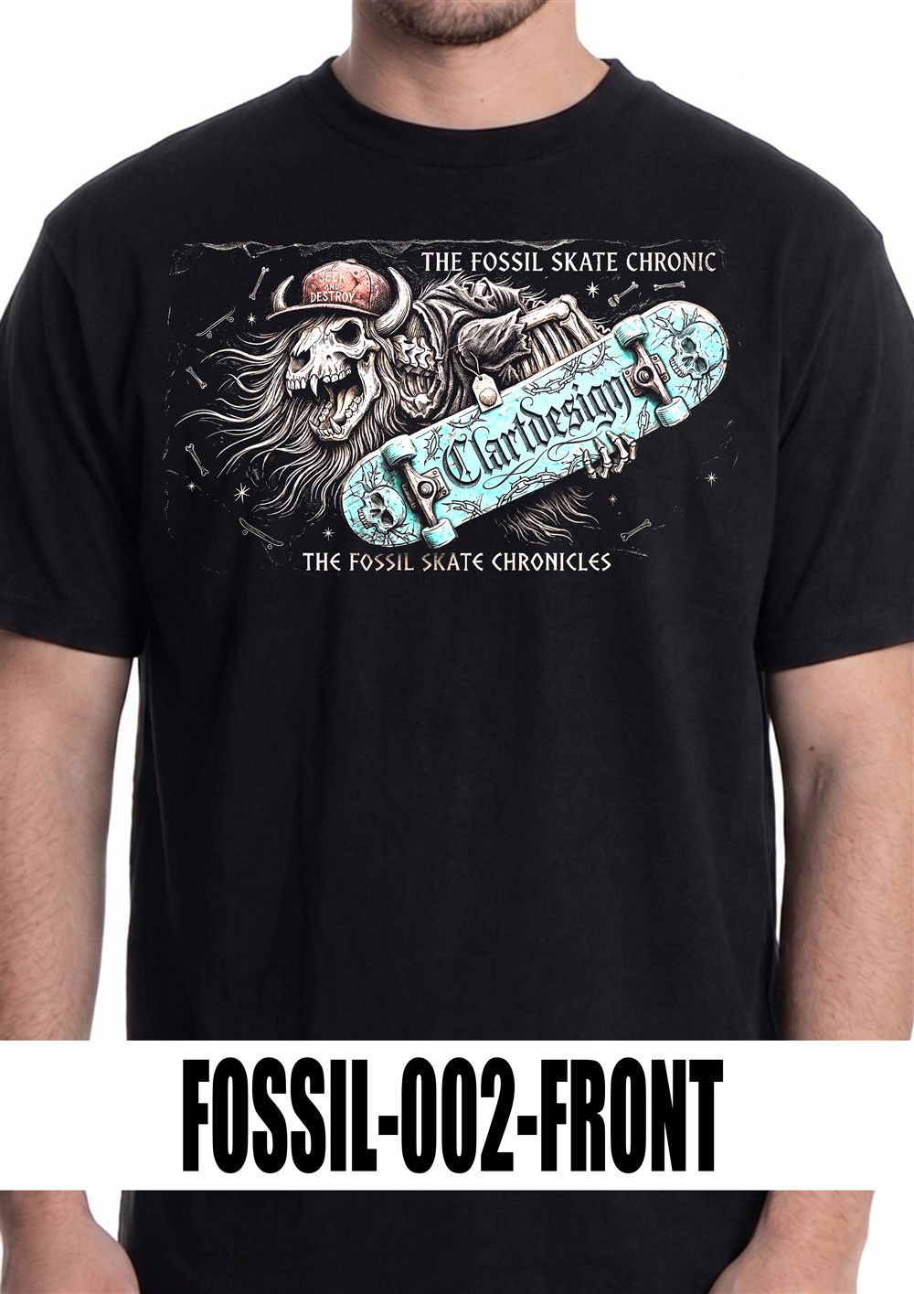 T-shirt nera con grafica FOSSIL-002, vista fronte