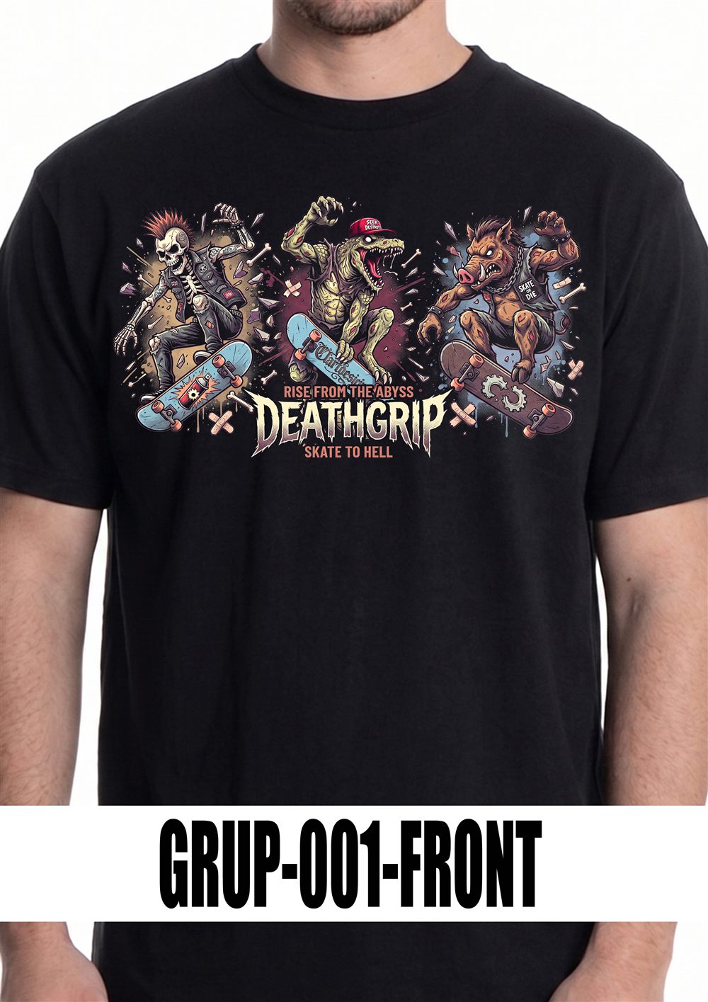 T-shirt nera con grafica GRUP-001, vista fronte