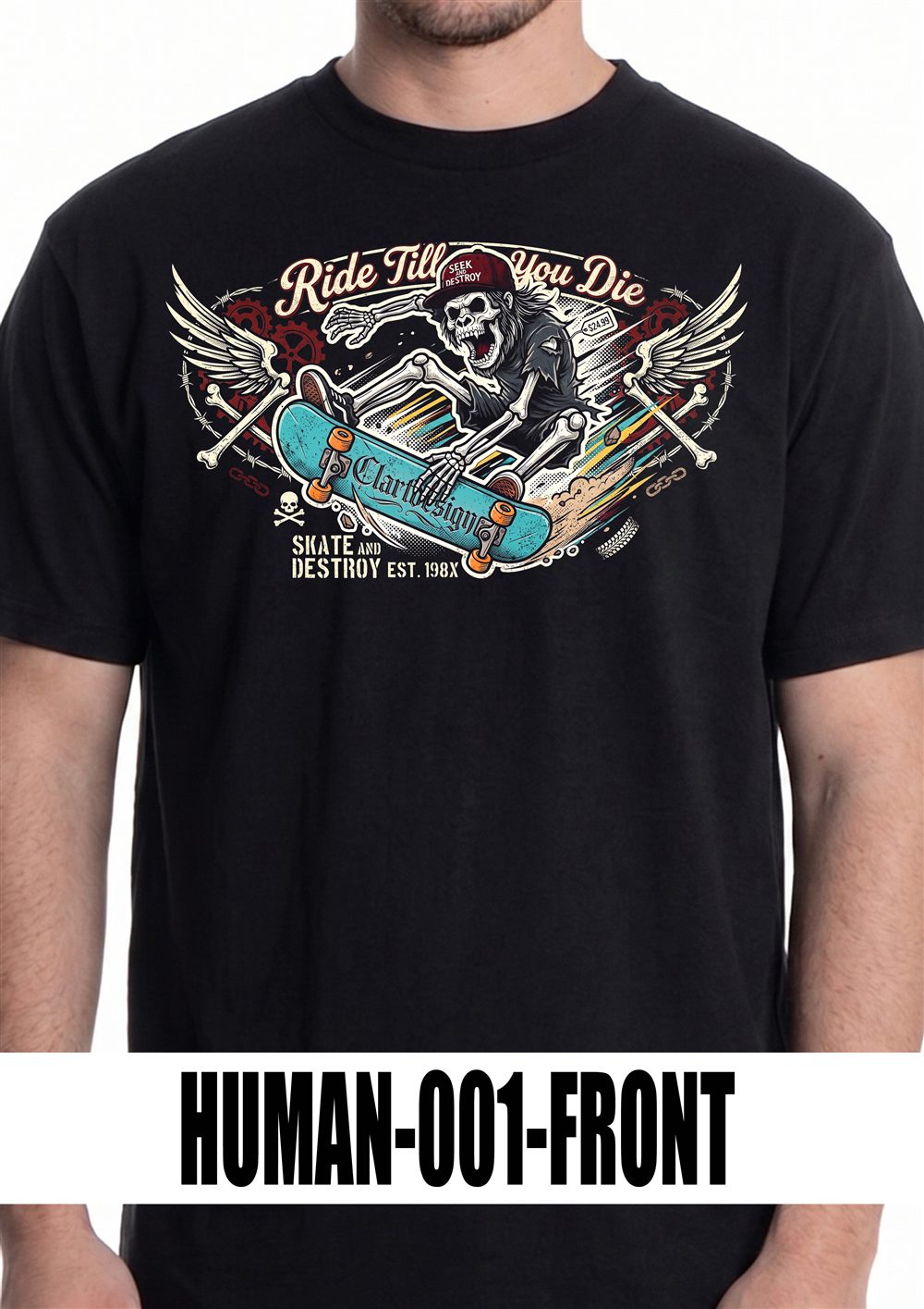 T-shirt nera con grafica HUMAN-001, vista fronte
