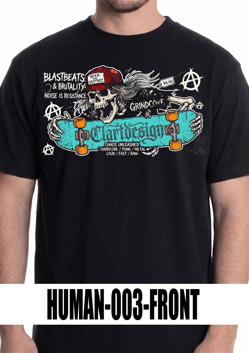 T-shirt nera con grafica HUMAN-003, vista fronte