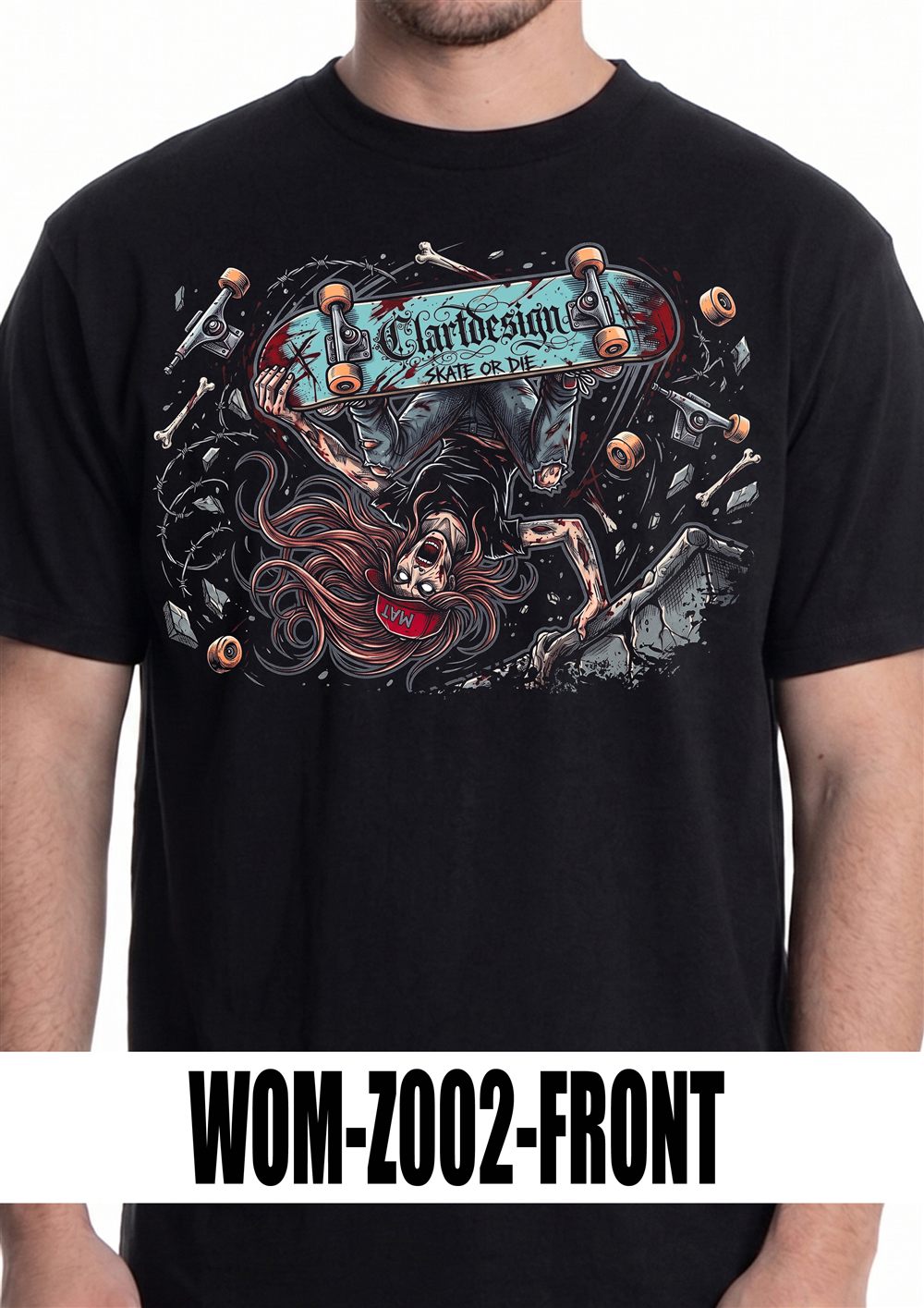 T-shirt nera con grafica WOM-Z002, vista fronte