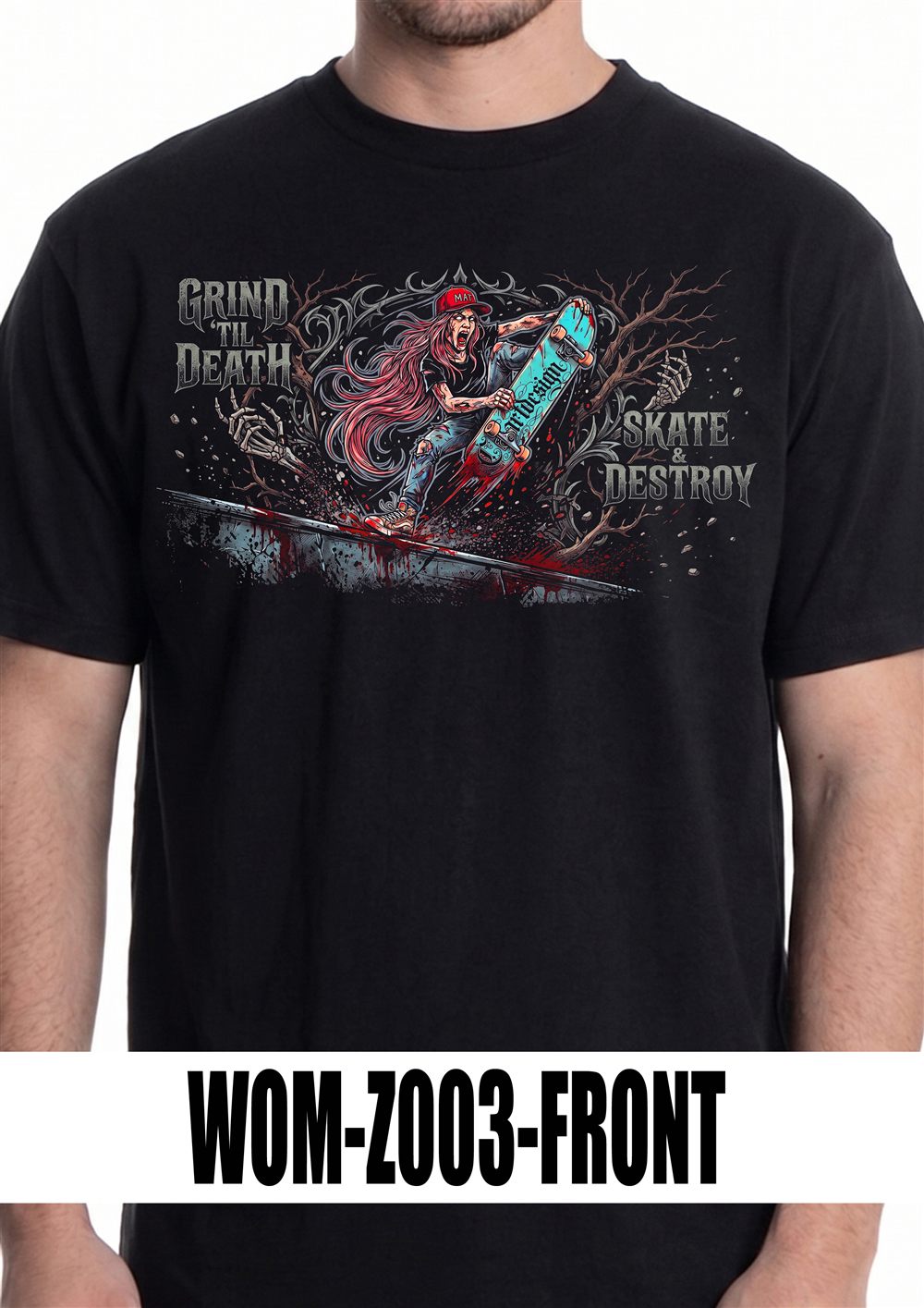T-shirt nera con grafica WOM-Z003, vista fronte