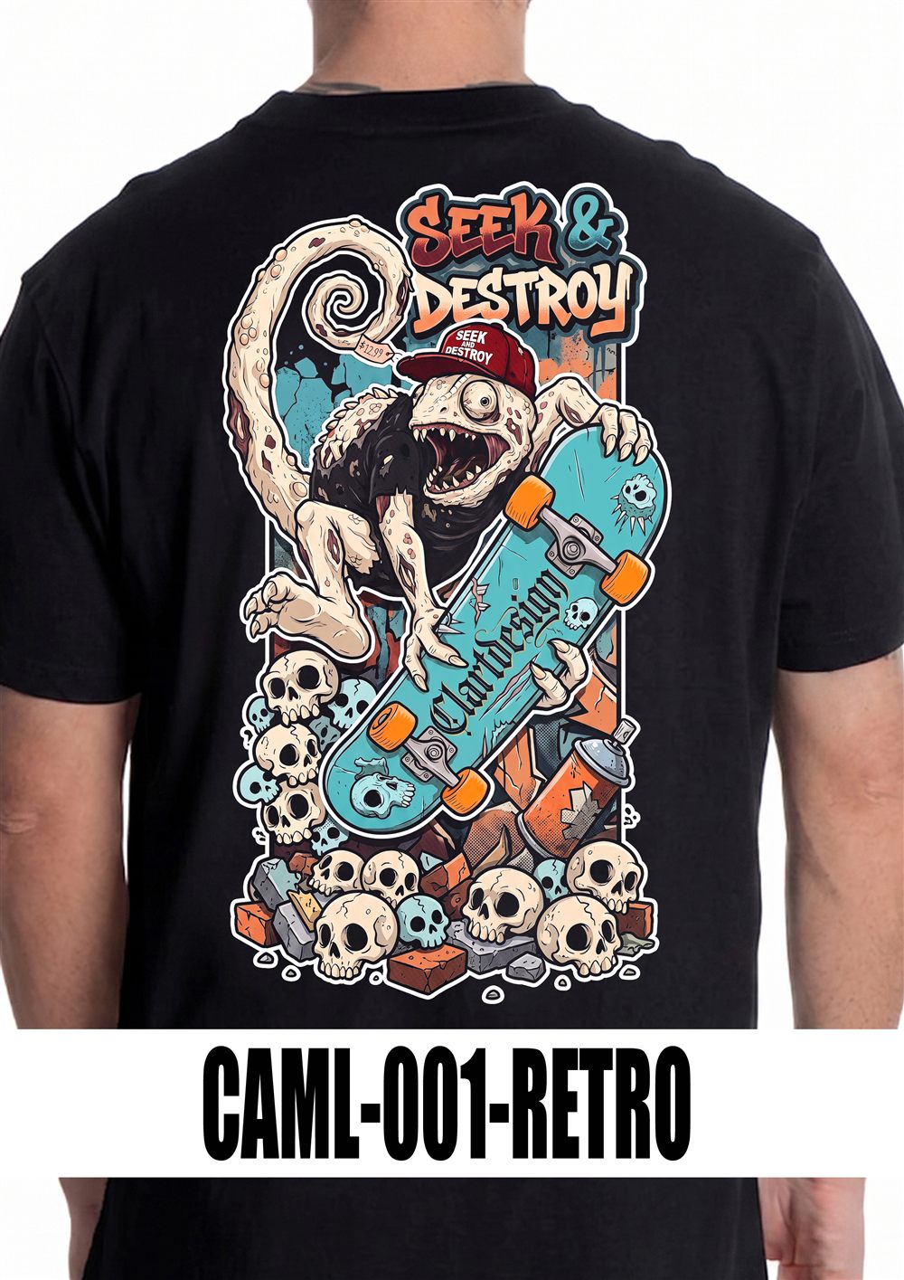 T-shirt nera con grafica CAML-001, vista retro