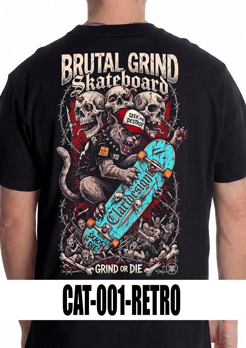 T-shirt nera con grafica CAT-001, vista retro