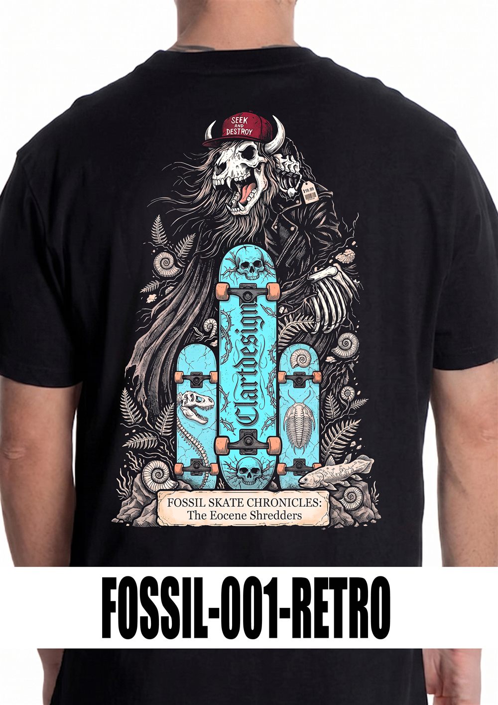 T-shirt nera con grafica FOSSIL-001, vista retro